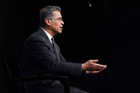 Health and Human Services Secretary Xavier Becerra, is interviewed by the Associated Press, Thursday, March 17, 2022, in Washington. (AP Photo/Jacquelyn Martin)