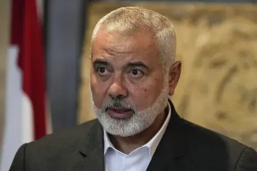 Ismail Haniyeh, leader of the Palestinian militant group Hamas, speaks to journalists after his meeting with Lebanese Parliament Speaker Nabih Berri, in Beirut, Lebanon, June 28, 2021. (AP Photo/Hassan Ammar, File)