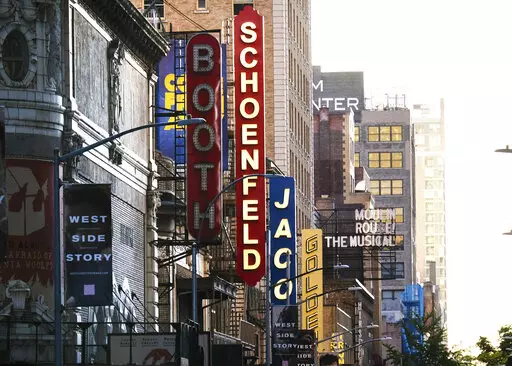 FILE - Theater's line 45th Street in New York on May 13, 2020. As Broadway reopens this fall, proof of full vaccination are required for entry and masks are mandated while moving through the theater. (Photo by Evan Agostini/Invision/AP, File)