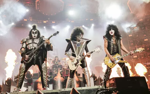 Gene Simmons, left, Tommy Thayer and Paul Stanley of KISS perform during the final night of the "Kiss Farewell Tour" on Saturday, Dec. 2, 2023, at Madison Square Garden in New York. (Photo by Evan Agostini/Invision/AP)