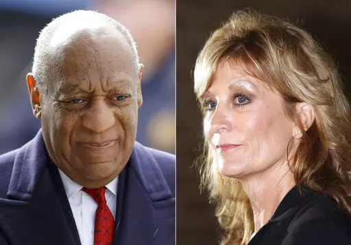 Bill Cosby arrives for his sexual assault trial in Norristown, Pa. on April 20, 2018, left, and Judy Huth appears at a press conference outside the Los Angeles Police Department's Wilshire Division station in Los Angeles on Dec. 5, 2014. Eleven months after he was freed from prison, Cosby, 85, will again be the defendant in a sexual assault proceeding, this time a civil case in California. Huth, who is now 64, alleges that in 1975 when she was 16, Cosby sexually assaulted her at the Playboy Mans