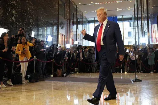 Former President Donald Trump gestures as he leaves after speaking at a news conference at Trump Tower, Friday, May 31, 2024, in New York. (AP Photo/Julia Nikhinson, File)