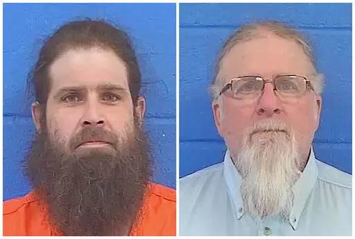 This combination of booking photos provided by Lincoln County Sheriff's Department show Brandon Case, left, and his father Gregory Charles Case on Feb. 1, 2022. The father and son were re-arrested Friday, Nov. 18 and have been indicted by a grand jury after allegedly chasing and shooting at a Black FedEx driver in January after he dropped off a package in a Mississippi city. (Lincoln County Sheriff's Department via AP)