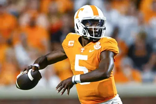 Tennessee quarterback Hendon Hooker passes against Ball State during an NCAA football game on Thursday, Sept. 1, 2022, in Knoxville, Tenn. No. 17 Pittsburgh hosts No. 24 Tennessee on Saturday. Hooker was selected the top offensive player in the Associated Press SEC Midseason Awards, Wednesday, Oct. 12, 2022. (AP Photo/John Amis, File)