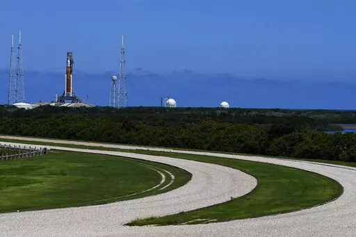 The NASA moon rocket stands on Pad 39B before the Artemis 1 mission to orbit the moon at the Kennedy Space Center, Thursday, Sept. 1, 2022, in Cape Canaveral, Fla. (AP Photo/Brynn Anderson)