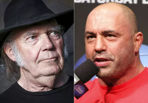 This combination photo shows Neil Young in Calabasas, Calif., on May 18, 2016, left, and UFC announcer and podcaster Joe Rogan before a UFC on FOX 5 event in Seattle, Dec. 7, 2012. Spotify said Sunday, Jan. 30, 2022, that it will add content advisories before podcasts discussing the coronavirus. The move follows protests of the music streaming service that were kicked off by Young over the spread of COVID-19 vaccine misinformation. On Wednesday, Young had his music removed from Spotify after the