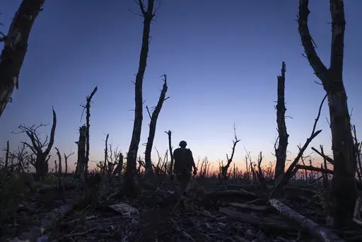 Ukrainian servicemen walk through a charred forest at the frontline a few kilometers from Andriivka, Donetsk region, Ukraine, Saturday, Sept. 16, 2023. (AP Photo/Mstyslav Chernov)
