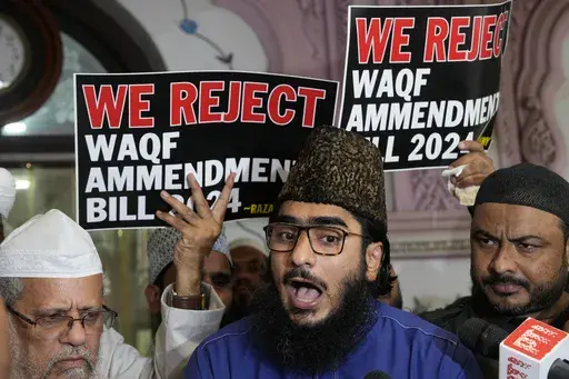 Raza Academy members shout slogans in Mumbai, India, to condemn the Waqf amendment bill that was passed early Thursday by the Lower House of India's parliament, Thursday, April 3, 2025. (AP Photo/Rajanish Kakade)