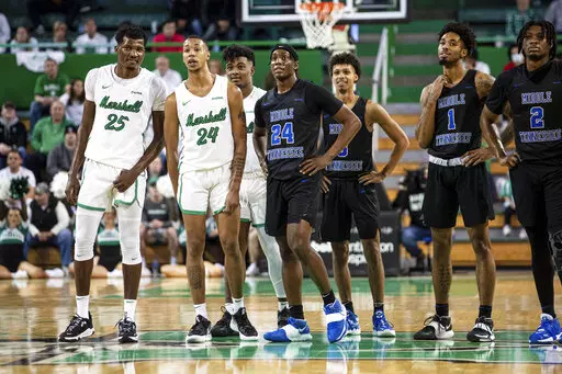 Marshall takes on Middle Tennessee during an NCAA men's basketball game on Thursday, Jan. 27, 2022, at the Cam Henderson Center in Huntington. (Sholten Singer/The Herald-Dispatch via AP)