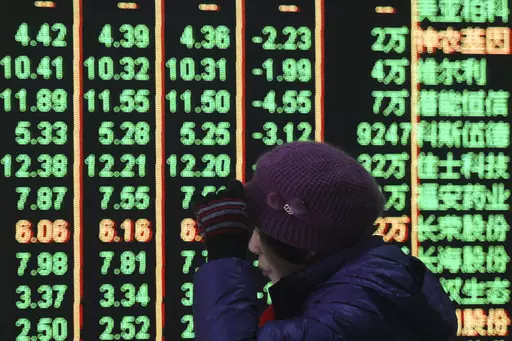 A woman reacts in front of an electronic screen displaying stock prices at a brokerage house in Hangzhou in east China's Zhejiang province, on Feb. 5, 2024. Chinese shares rallied on Friday, March 8, 2024, following better-than-expected import and export data, signaling increased demand that could support Beijing's effort to rev up the economy. (Chinatopix via AP, File)