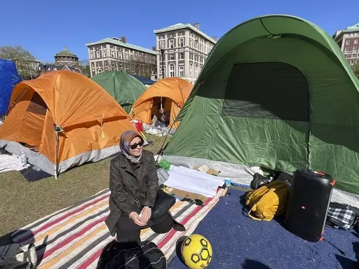 Nahla Al-Arian visits the pro-Palestinian protesters encampment on the campus of Columbia University, Thursday, April 25, 2024, in New York. (Laila Al-Arian via AP)