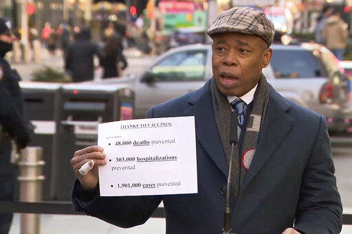 New York City mayor Eric Adams speaks during a news conference in which he announced the scaling back of COVID-19 mask and vaccine mandates within the city, Friday, March 4, 2022, in New York. (New York City Mayor's Office via AP)