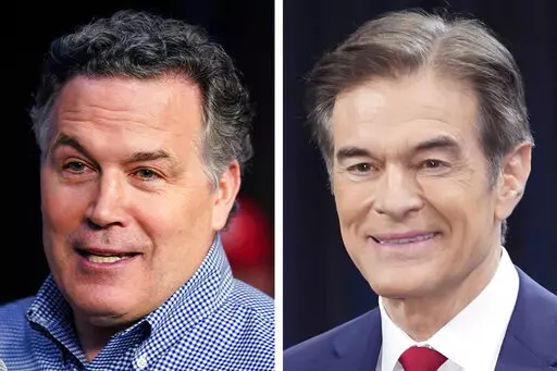 Pennsylvania Republican Senate candidates David McCormick, left, and Mehmet Oz during campaign appearances in May 2022 in Pennsylvania. (AP Photo/File)