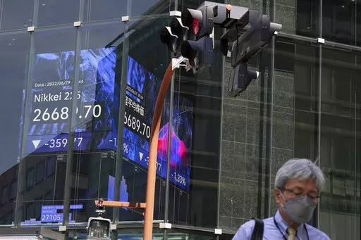 A person wearing a protective mask walks in front of an electronic stock board showing Japan's Nikkei 225 index Wednesday, June 29, 2022, in Tokyo. Shares fell Wednesday in Asia after another broad decline on Wall Street as markets remain gripped by uncertainty over inflation, rising interest rates and the potential for a recession. (AP Photo/Eugene Hoshiko)
