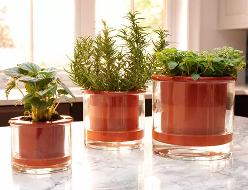 This image provided by MoMA Design Store shows Swedish company Wetpot's self-watering pot that makes sure you don't over- or under-water your plant. A terra cotta planter, available in two sizes for either a couple of smaller plants, or a potted fern, perhaps, sits inside a reservoir of hand-blown glass; fill the reservoir, and plants will take in what they need. (MoMA Design Store via AP)