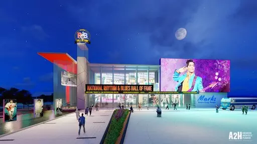 This image provided by A2H Engineers, Architects, Planners on Aug. 18, 2022, shows digital rendering of the National Rhythm and Blues Hall of Fame in Marks, Miss. Organizers are aiming to complete the building in two or three years. The project is the culmination of a 50-year effort to build a hall of fame for R&B musicians such as James Brown, Aretha Franklin and B.B. King.  (A2H Engineers, Architects, Planners via AP)