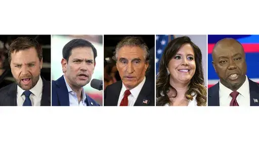 This combination photo shows Sen. J.D. Vance, R-Ohio, in Atlanta, June 27, 2024, from left, Sen. Marco Rubio, R-Fla., in Miami, Nov. 6, 2022, North Dakota Gov. Doug Burgum, June 27, 2024, in Atlanta, Rep. Elise Stefanik, R-N.Y., June 13, 2024, and Sen. Tim Scott, R-S.C., Nov. 8, 2023, in Miami. It's not unheard of for a running mate to move beyond past disagreements with a presidential candidate. But the shift is more striking for Donald Trump's potential vice presidential contenders, in some ca