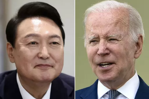 This photo combination of two file photos shows U.S. President Joe Biden, right, in Washington, on May 15, 2022, and South Korean President Yoon Suk Yeol in Seoul, on May 10, 2022. Leaked U.S. intelligence documents suggesting that Washington spied on South Korea have put the country’s president in a delicate situation ahead of a state visit to the U.S. (AP Photo/File)