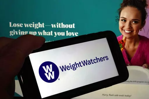 This image shows the logo of WeightWatchers on a mobile phone, and the company's website, in New York, Tuesday, March 7, 2023. WeightWatchers shares soared Tuesday after the company said it was getting into the prescription drug weight loss business with the acquisition of Sequence. (AP Photo/Richard Drew)