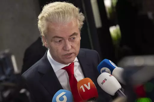 Geert Wilders, leader of the far-right party PVV, or Party for Freedom, talks to the media after a meeting with speaker of the House Vera Bergkamp, two days after Wilders won the most votes in a general election, in The Hague, Netherlands, on Nov. 24, 2023. Two days of behind-closed doors talks between four Dutch political leaders appear to have forced a breakthrough in negotiations to form a new ruling coalition nearly four months after a general election won by Wilders. While the exact contour