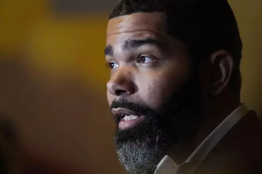 Mayor Chokwe Antar Lumumba speaks with reporters about the efforts underway to deliver a sustainable water system for Jackson residents following a roundtable discussion with community leaders and residents, Nov. 15, 2022, at Jackson State University in Jackson, Miss. The Mississippi Supreme Court ruled Thursday, March 9, 2023, that the mayor did not have the power to veto the Jackson City Council's rejection of a garbage collection contract. (AP Photo/Rogelio V. Solis, File)