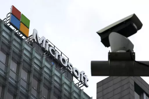 A security surveillance camera is seen near the Microsoft office building in Beijing, July 20, 2021. Coinciding with unrelenting cyberattacks against Ukraine, state-backed Russian hackers have engaged in “strategic espionage” against governments, think tanks, businesses and aid groups in 42 countries supporting Kyiv, Microsoft says in a new report.   (AP Photo/Andy Wong, File)