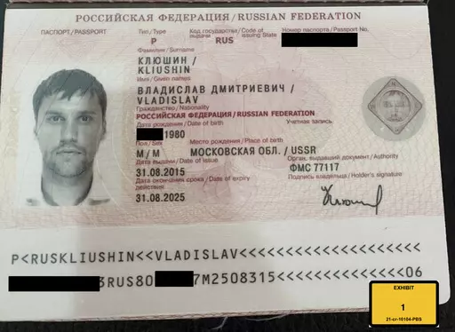This image provided by the U.S. Attorney's Office, shows a Russian passport of Vladislav Klyushin, part of the government evidence entered into the record as exhibits in Klyushin's trial. Klyushin was sentenced Thursday, Sept. 7, 2023, to nine years in prison for his role in a nearly $100 million stock market cheating scheme that relied on secret earnings information stolen through the hacking of U.S. computer networks. ( U.S. Attorney's Office via AP)