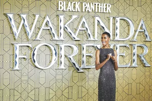 Letitia Wright poses for photographers upon arrival for the premiere of the film 'Black Panther: Wakanda Forever' in London, Thursday, Nov. 3, 2022. (Photo by Scott Garfitt/Invision/AP)