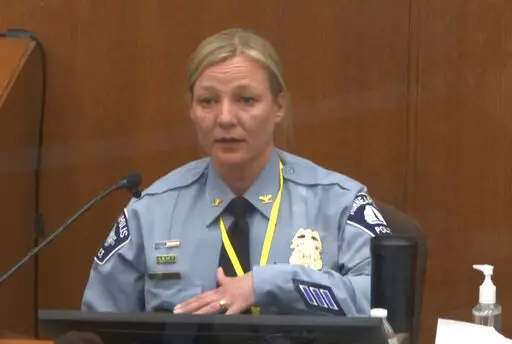 In this image from video, Minneapolis Police Inspector Katie Blackwell testifies April 5, 2021, in the trial of former Minneapolis police Officer Derek Chauvin Minneapolis, Minn. Blackwell, the former head of training for the Minneapolis Police Department returned to the witness stand Monday, Jan. 31, 2022 at the federal trial of three former police officers charged with violating George Floyd's civil rights as defense attorneys try to make the case that the officers' training was inadequate. (C