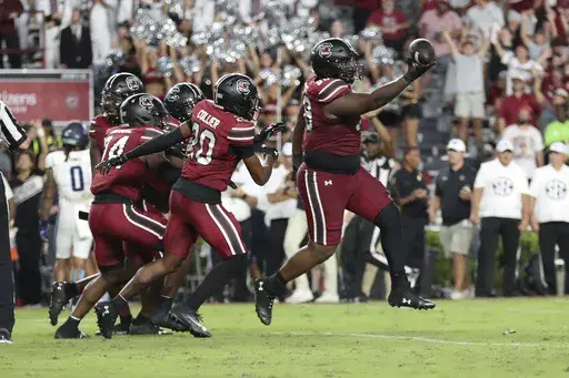 South Carolina defensive tackle DeAndre Jules (99) recovers a fumble and celebrates during the second half of an NCAA college football game against Old Dominion, Saturday, Aug. 31, 2024, in Columbia, S.C. (AP Photo/Artie Walker Jr.)