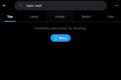 This screenshot made on Monday, Jan. 29, 2024, shows a Taylor Swift search error on social media platform X. X has blocked some searches for Swift as pornographic deepfake images of the singer have circulated online.(AP Photo)