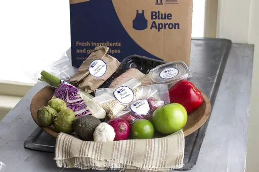 This Oct. 6, 2014, file photo shows an example of a home-delivered meal from Blue Apron. Meal kit subscriptions shot up in popularity in 2020, but many customers don’t stay past the initial promotional period. Though a full-price subscription may be more expensive than going to the grocery store, the variety of recipes, convenience of delivery and enticing promotional prices may make a subscription worth the cost, even just temporarily. ( AP Photo/Matthew Mead, File)