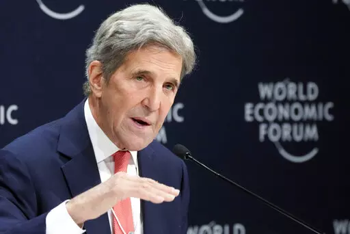 John F. Kerry, Special Presidential Envoy for Climate of the United States, gestures during a news conference at the World Economic Forum in Davos, Switzerland, May 24, 2022. Kerry said Friday, July 1, that setbacks for President Joe Biden's climate efforts at home have “slowed the pace” of some of the commitments from other countries to cut climate-wrecking fossil fuels, but he insisted the U.S. would still achieve its own ambitious national climate goals in time. (AP Photo/Markus Schreiber