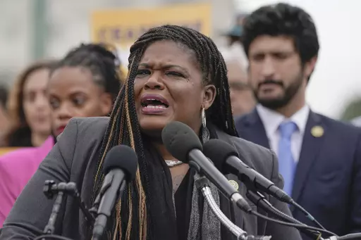 Rep. Cori Bush, D-Mo., speaks at a news conference to call for a ceasefire in Israel and Gaza on Capitol Hill, Oct. 20, 2023, in Washington. The Justice Department is looking into allegations Bush misused government funds for her personal security. Bush said in a statement that federal prosecutors were reviewing her campaign's spending on security services a day after the Justice Department subpoenaed the House Sergeant at Arms for related documents. (AP Photo/Mariam Zuhaib, File)