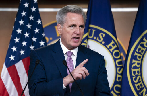 House Minority Leader Kevin McCarthy, R-Calif., speaks to reporters at the Capitol in Washington, March 18, 2022. Republican lawmakers gathered at a retreat in Florida this week to plot out strategy for this year's midterm elections. The conference needs only a handful of seats to win the House and they are exceedingly confident in their chances. They see former Speaker Newt Gingrich, who swept away four decades of Democratic House rule with the "Contract With America" in 1994, as a model. (AP P