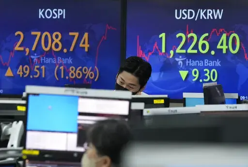 A currency trader watches monitors in front of screens showing the Korea Composite Stock Price Index (KOSPI) and the foreign exchange rate between U.S. dollar and South Korean won, right, at the foreign exchange dealing room of the KEB Hana Bank headquarters in Seoul, South Korea, Thursday, March 17, 2022. Asian stock prices have surged for a second day after the Federal Reserve announced its first interest rate hike since 2008 and China promised support for its real estate and internet industri