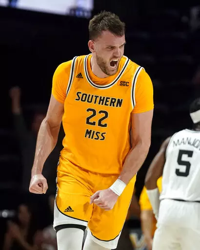 Southern Mississippi forward Felipe Haase (22) celebrates after a score against Vanderbilt in the second half of an NCAA college basketball game Friday, Nov. 11, 2022, in Nashville, Tenn. Southern Mississippi won 60-48. (AP Photo/Mark Humphrey)