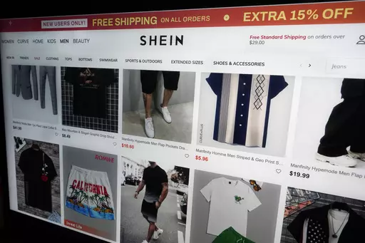 A page from the Shein website is shown in this photo, in New York, Friday, June 23, 2023. Fast fashion retailers Shein and Forever 21 are going into business together. Under a partnership agreement announced Thursday, Aug. 24, 2023 the Chinese-owned Shein will acquire about one-third interest in Sparc Group, Forever 21’s operator. (AP Photo/Richard Drew)