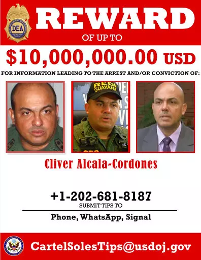 This image provided by the U.S. Department of Justice shows a reward poster for Cliver Alcala-Cordones that was released on March 26, 2020. The retired Venezuelan army general says U.S. officials at the highest levels of the CIA were aware of his efforts to oust Venezuelan President Nicolas Maduro. The accusation came in a court filing late Friday, Jan. 28, 2022, by Alcala's attorneys who are seeking to dismiss narcoterrorist charges filed nearly two years ago by federal prosecutors in Manhattan