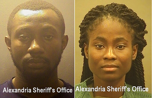 This photo provided by Alexandria Sheriff's Office, shows from left Richard Broni and Linda Mbimadong.  On Friday, Feb. 17, 2022, Broni and Mbimadong,  two of the people who scammed an Annandale man, who is not identified in court papers, will be sentenced in federal court in Alexandria.  They played relatively minor roles in a scam _ prosecutors describe them as “money mules” who never made contact with the victim themselves but helped receive and launder the money in return for a 5% to 10%