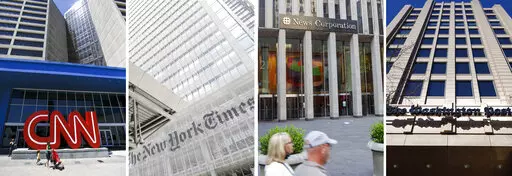 Exterior images, from left, appear of CNN headquarters on Aug. 26, 2014, in Atlanta, the New York Times building on June 22, 2019, in New York, News Corporation headquarters with Fox News studios on July 31, 2021, in New York and The One Franklin Square Building, home of The Washington Post, on Feb. 8, 2019, in downtown Washington. The metrics are ugly for many television, digital and print news organizations: after record-setting engagement numbers in 2020, many people are cutting back on news 