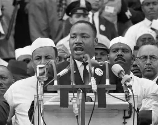 Dr. Martin Luther King Jr. addresses marchers during his "I Have a Dream" speech at the Lincoln Memorial on Aug. 28, 1963, in Washington. The Television Academy, which presents the Emmy Awards, announced on Friday, Jan. 12, 2024, what it calls the top 75 moments in television history ahead of the ceremony's 75th edition, being held on Monday, Jan. 15. (AP Photo, File)
