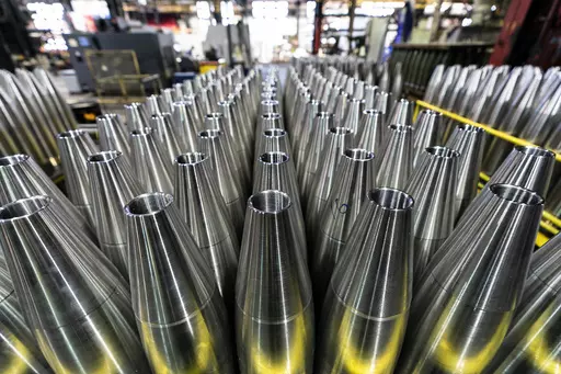 155 mm M795 artillery projectiles are stored during manufacturing process at the Scranton Army Ammunition Plant in Scranton, Pa., Thursday, April 13, 2023. The 155 mm howitzer round is one of the most requested artillery munitions of the Ukraine war. Already the U.S. has shipped more than 1.5 million rounds to Ukraine, but Kyiv is still seeking more. (AP Photo/Matt Rourke)