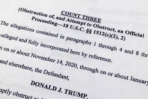 The indictment against former President Donald Trump charging him by the Justice Department for his efforts to overturn the results of the 2020 presidential election is photographed Tuesday, Aug. 1, 2023, in Washington. (AP Photo/Jon Elswick)