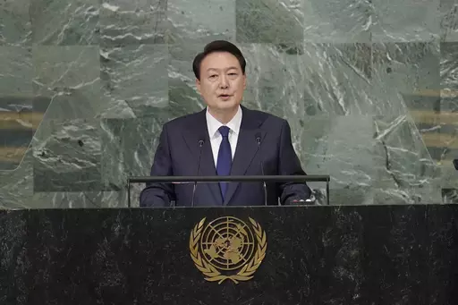 South Korean President Yoon Suk Yeol addresses the 77th session of the United Nations General Assembly on Sept. 20, 2022 at U.N. headquarters. South Korea’s President Yoon said the international community “will unite more tightly” to cope with deepening military cooperation between Russia and North Korea, as he pushes to raise the issue with world leaders at the U.N. General Assembly this week.(AP Photo/Mary Altaffer, File)