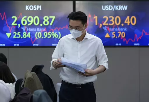 A currency trader passes by screens showing the Korea Composite Stock Price Index (KOSPI), left, and the foreign exchange rate between U.S. dollar and South Korean won, at the foreign exchange dealing room of the KEB Hana Bank headquarters in Seoul, South Korea, Friday, April 15, 2022. Asian shares fell in muted trading as markets remained closed for Good Friday and other holidays. (AP Photo/Ahn Young-joon)