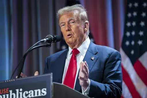 President-elect Donald Trump speaks during a meeting with the House GOP conference, Nov. 13, 2024, in Washington. (Allison Robbert/Pool via AP, File)