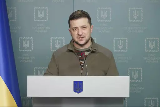 In this image from video provided by the Ukrainian Presidential Press Office, Ukrainian President Volodymyr Zelenskyy speaks in Kyiv, Ukraine, March 6, 2022. (Ukrainian Presidential Press Office via AP, File)