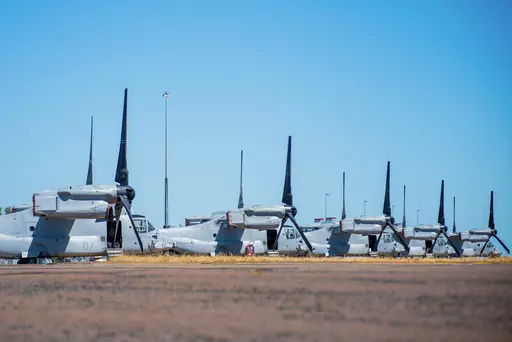 In this photo released by Australian Department of Defense, United States Marine Corps MV-22B Osprey tiltrotor aircraft are parked at RAAF Base Darwin, Australia, Aug. 11, 2023, during Exercise Alon at the Indo-Pacific Endeavour 2023. Several U.S. Marines remained in a hospital in the Australian north coast city of Darwin on Monday after they were injured in a fiery crash of a tiltrotor aircraft on an island. (CPL Robert Whitmore/Australian Department of Defense via AP)