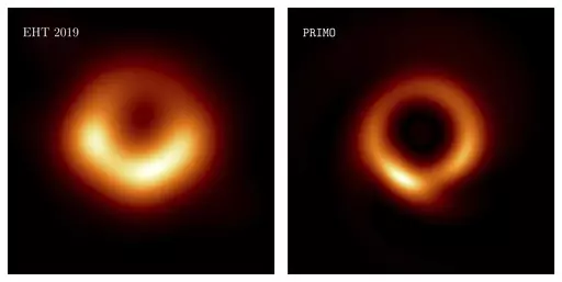 This combination of images provided by researcher Lia Medeiros shows images of the M87 black hole released in 2019, left, and an updated one for 2023. The new version, published Thursday, April 13, 2023, in the Astrophysical Journal Letters — keeps the original shape, but with a skinnier ring and a sharper resolution. Even with many telescopes working together, gaps remained in the data. In the latest study, scientists relied on the same data and used machine learning to fill in the missing pi